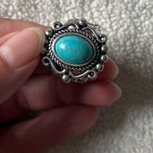 Vintage Faux Turquoise and Silver Stretch Band Ring